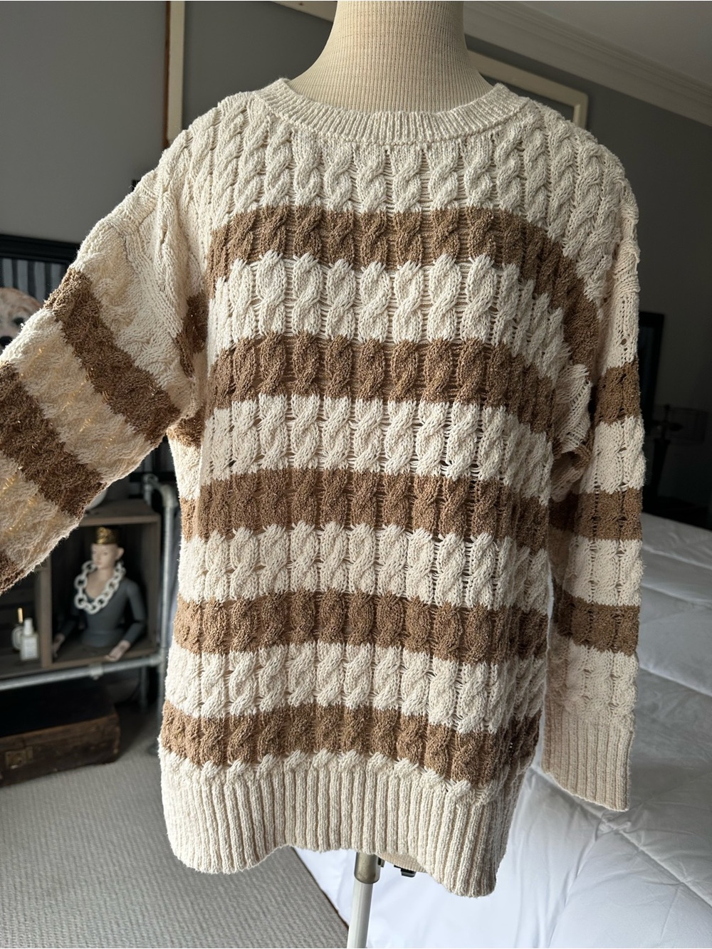 Pilcro Anthropologie Striped Cable-Knit Sweater Cream & Brown size large petite
